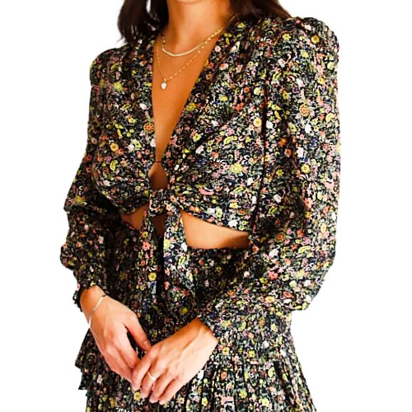 RESET by Jane Corina Top Black Floral S Cropped Tie-Front Balloon Sleeve Blouse - Picture 3 of 9